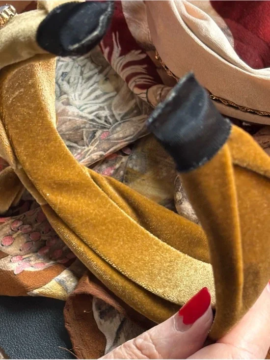 Luxury 2” Mustard Velvet Bow Headband w/ 3” Crystal & Gilded Leaf Embellishment - Picture 5 of 7